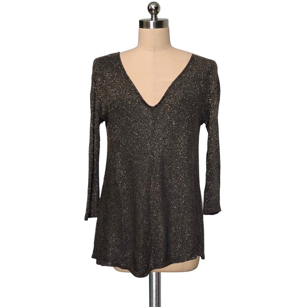 Michael Stars Lightweight Shimmer Knit V Neck Blouse Top OS